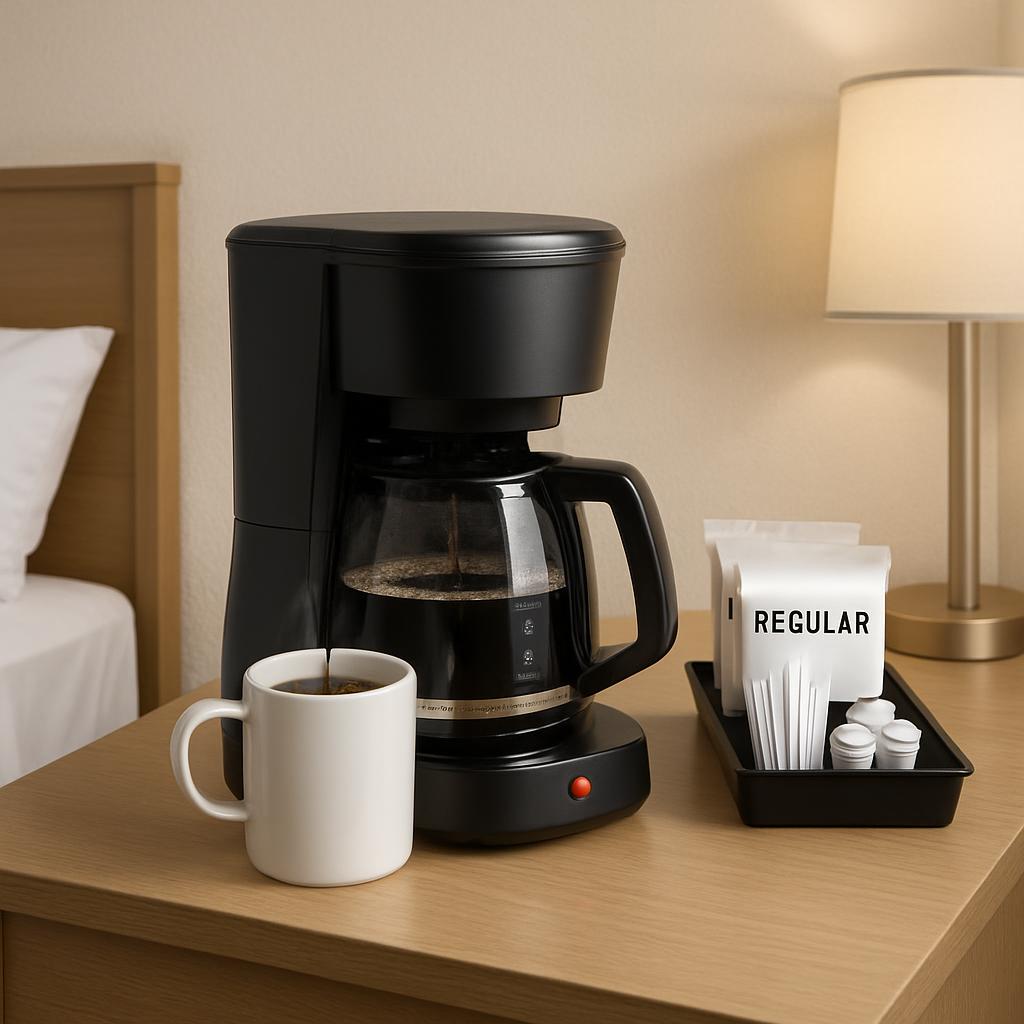 A coffee maker, a cup of coffee, and a tray of condiments on a hotel nightstand.