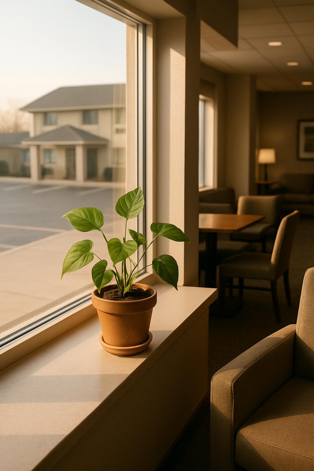 A potted plant sitting on a windowsill, with a restaurant in the background.