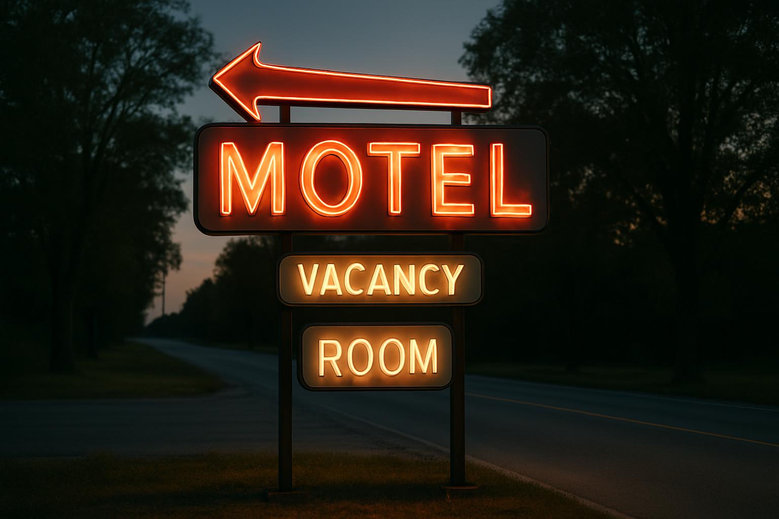 A motel sign with a vacancy room displayed prominently, featuring an arrow pointing to the left.