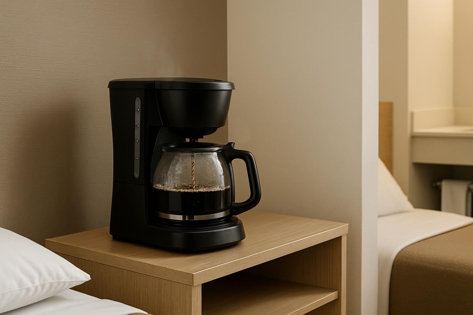 The image shows a black coffee maker on a wooden nightstand in a hotel room. The coffee maker is placed next to a bed with...