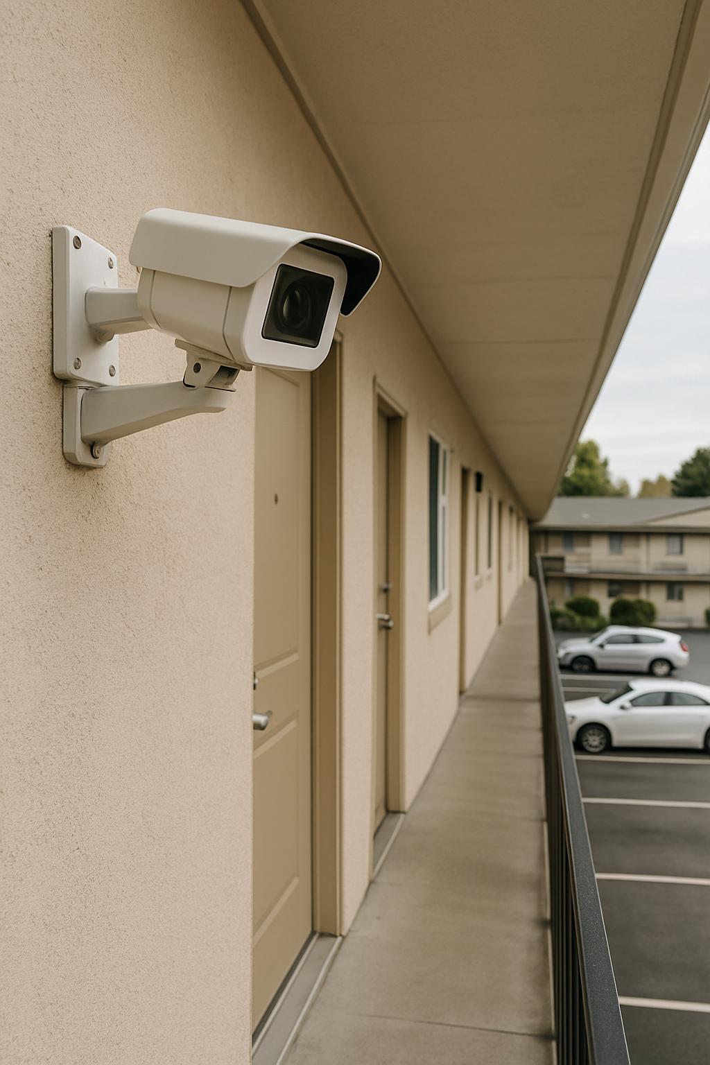 title A close-up view of a small external security camera attached to the outside wall of a motel with a parking lot, allen whit...