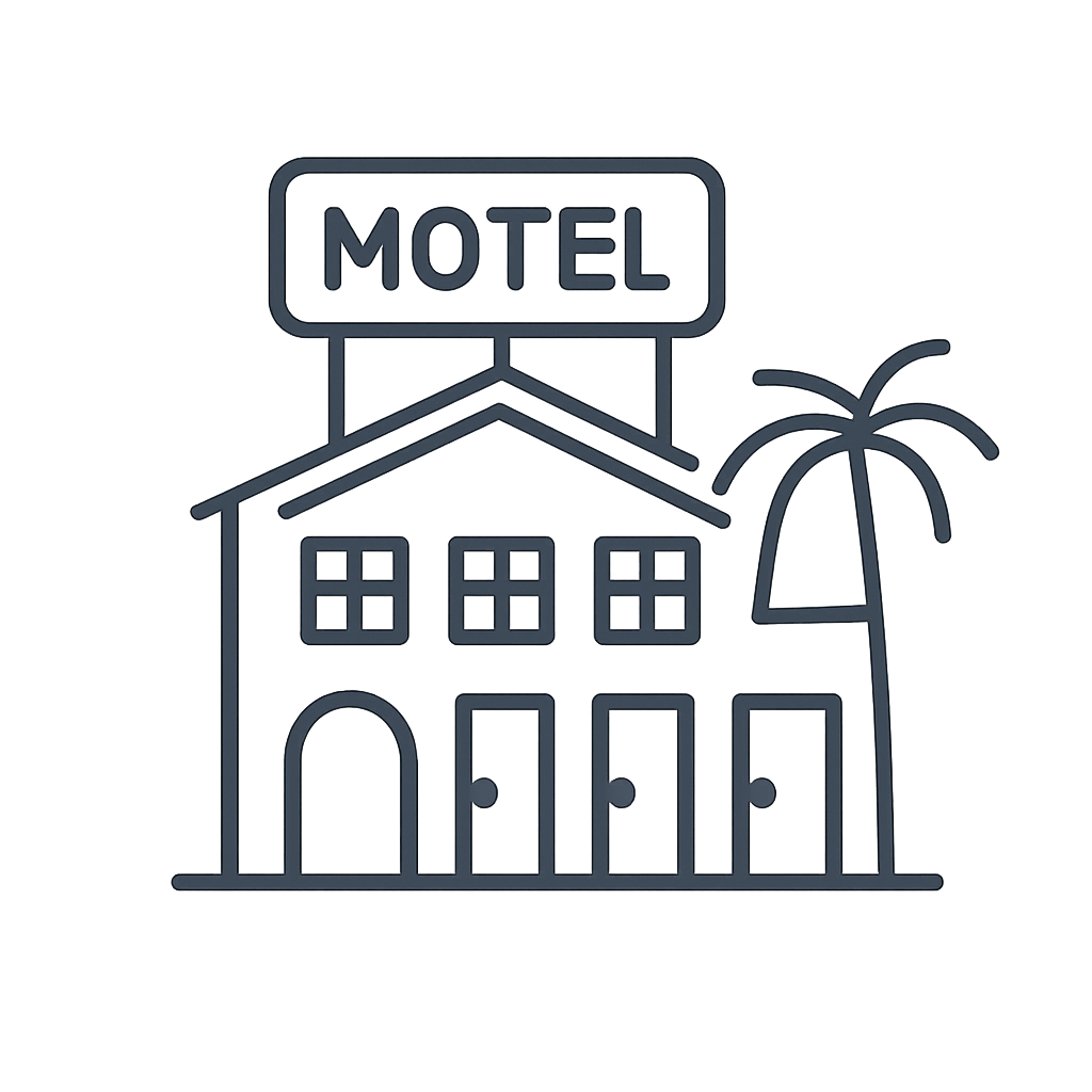 An illustrated icon of a motel building, including the word "Motel" in the sign on top.